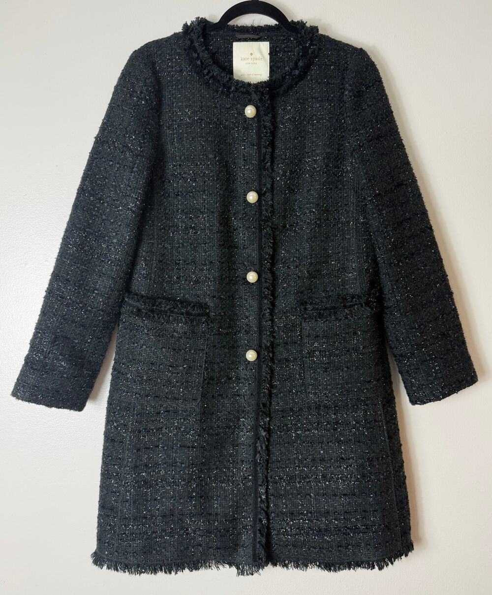 KATE SPADE COAT BLACK TWEED PEACOAT PREPPY CHIC FEMININE COQUETTE SPRING ELEGANT